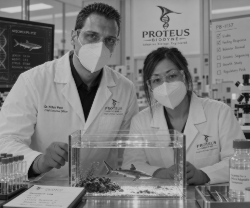 Proteus researchers examining an aquatic specimen in a laboratory